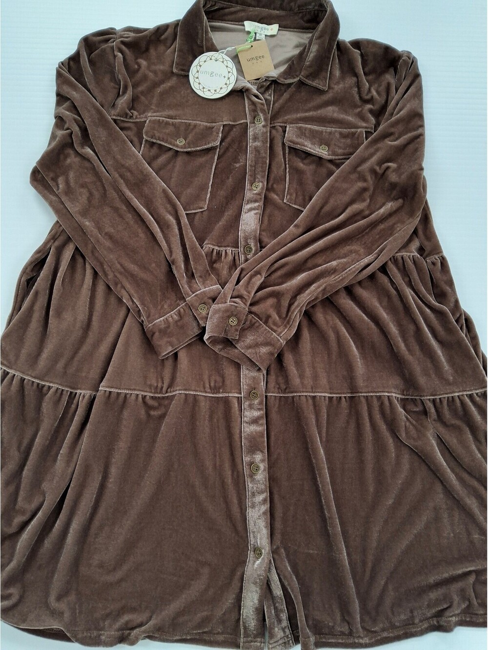 Umgee USA Brown Velvet like Tiered Shirt Dress Size 1XL - Picture 3 of 7